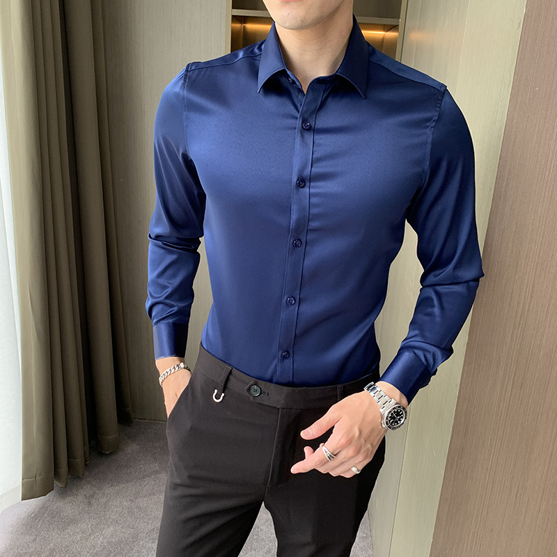 Camisa de primavera y verano para hombres Camisa sin planchar Camisa de manga larga Hielo Elástico Camisa de hombre delgada coreana Tendencia de moda