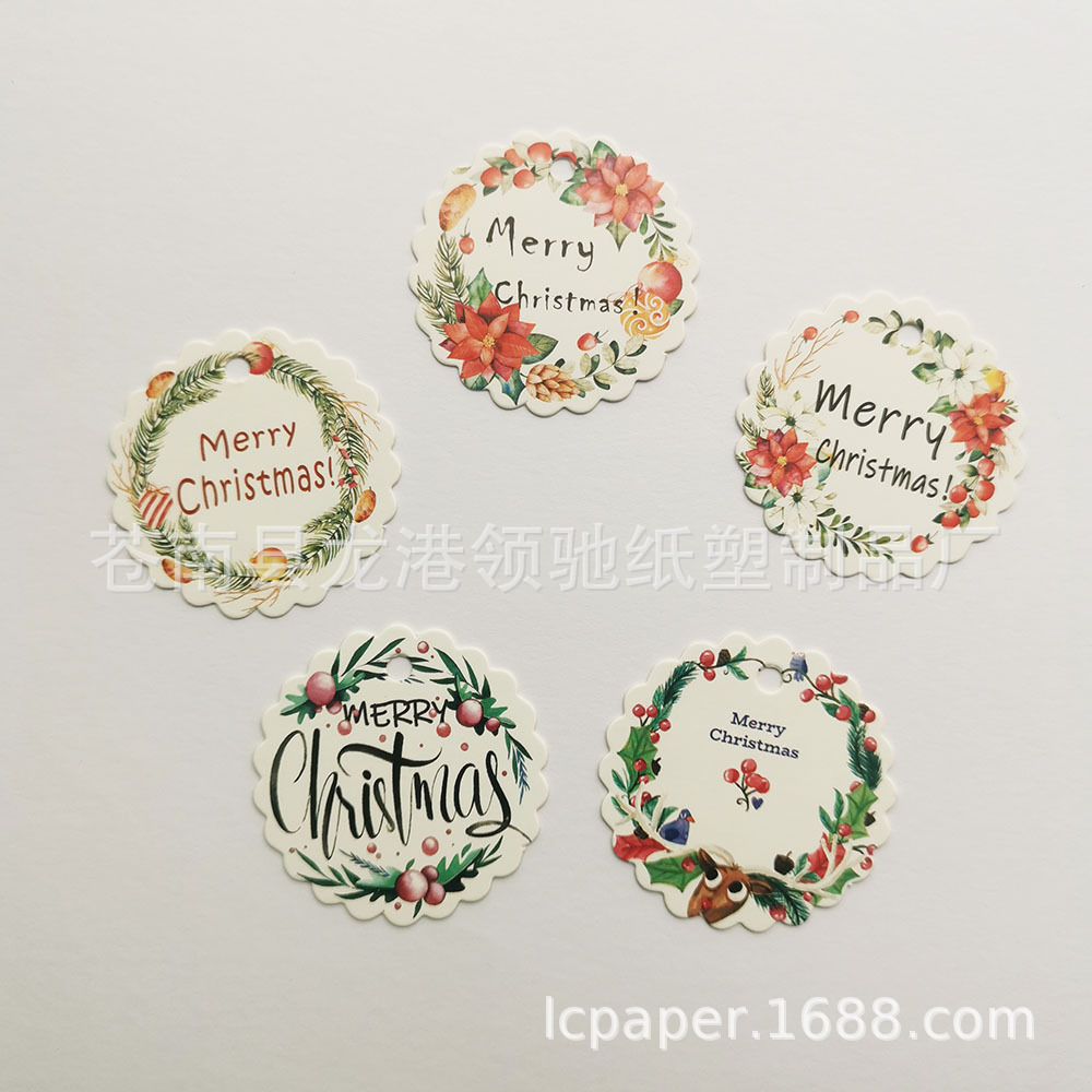 Merry Christmas白卡纸吊牌圣诞花环组合 烘焙礼物包装标签圆卡片
