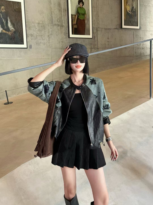 南油欧货爆款重磅钉珠刺绣牛仔与皮革拼接黑色宽松外套女高级感|undefined