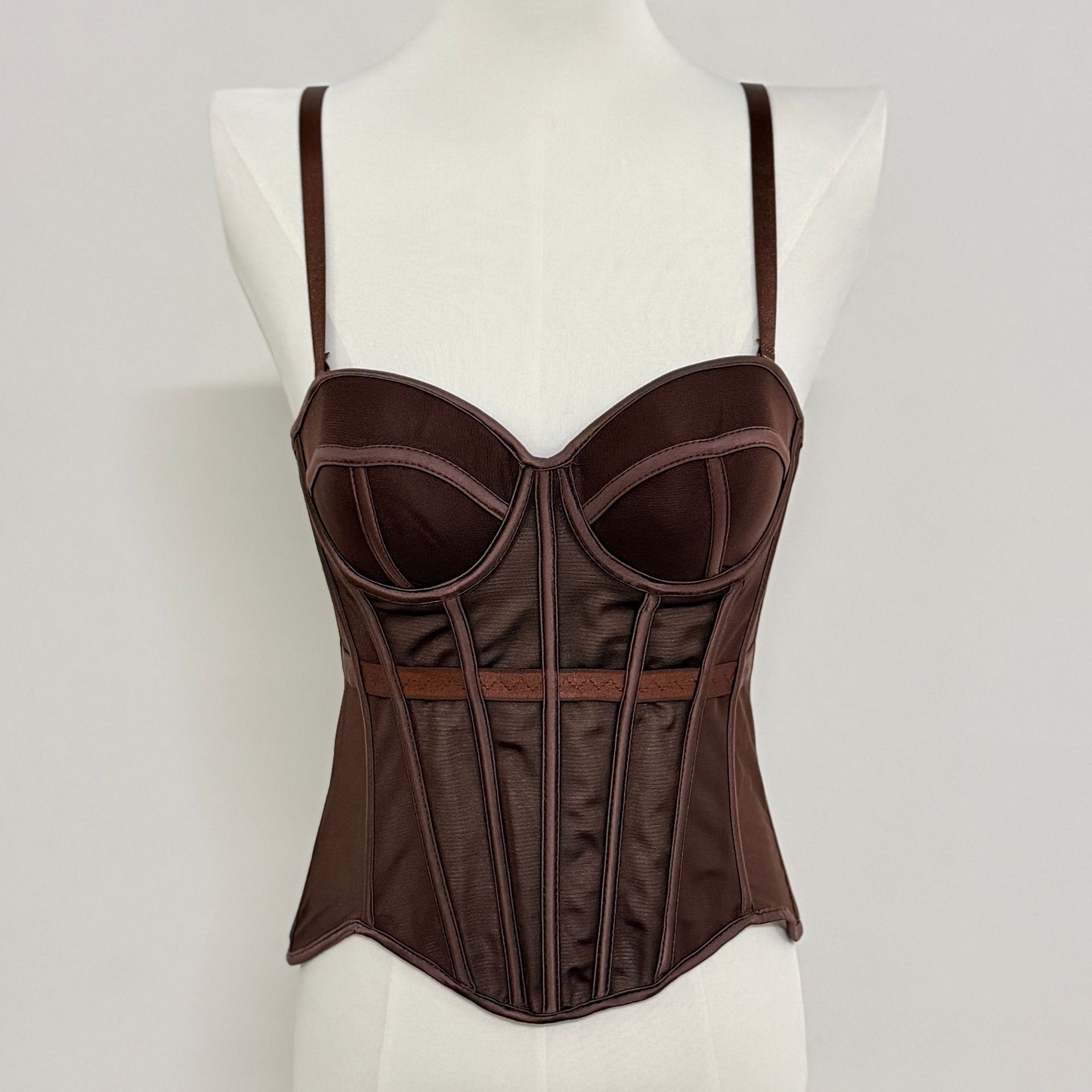 European and American Style Mesh Fishbone Strapless Camisole with Underwire and Chest Pads, Elastic Base Layer, Can Be Worn as Outerwear