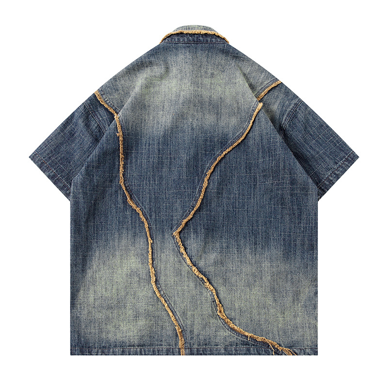 Trendige Marke für ausländischen Handel: Kurzarm-Denim-Hemd mit Used-Look und Farbverlauf für Damen und Herren, europäische und amerikanische Modelle._voghion.com