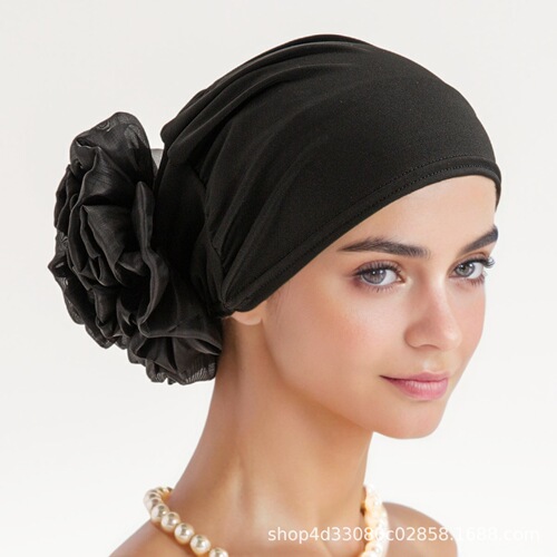 Alibaba.com Amazon New Muslim Solid Color Large Flower Head Scarf Hat European and American Milk Silk Head Scarf Flower Disc