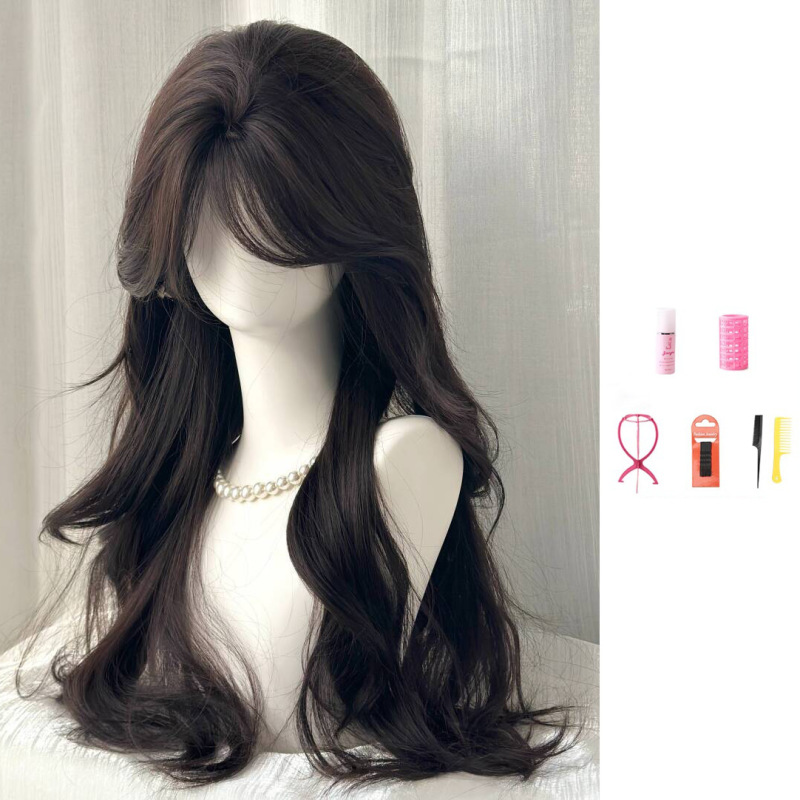 【ヘアネットは不要】女性用ウィッグ、中分け、バング、ロング巻き毛、顔の形、自然な頭頂部の補充、フルヘッドギア|undefined