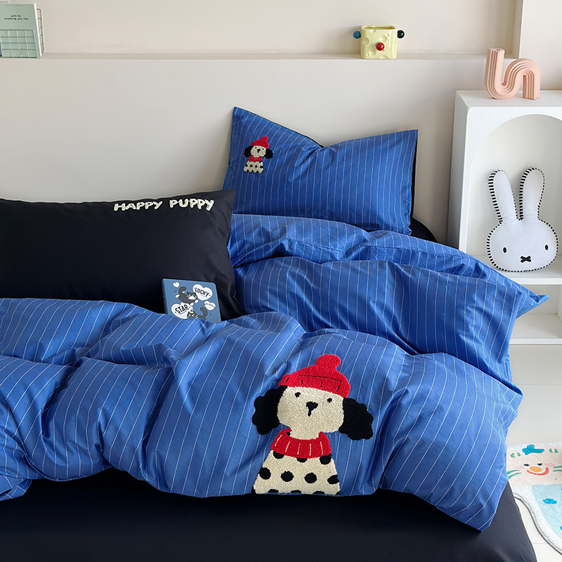 ins 漫画綿タオル刺繍 4 点セットかわいい綿刺繍コントラストカラー布団カバーシーツ子供寮寝具|undefined