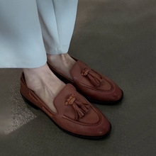 羊皮版~复古平底流苏一脚蹬乐福鞋女英伦风小皮鞋软底浅口单鞋