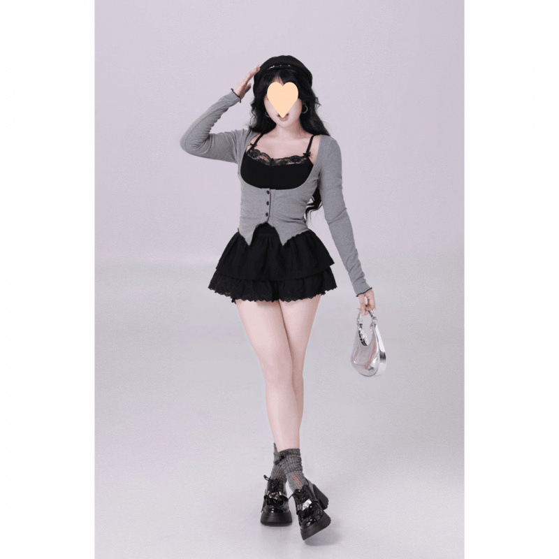 조심 기계 가짜 2 피스 긴팔 니트 카디건 여성의 봄 여름과 가을 스파이스 걸스 새로운 재킷 순수한 욕망 탑 짧은 치마 세트