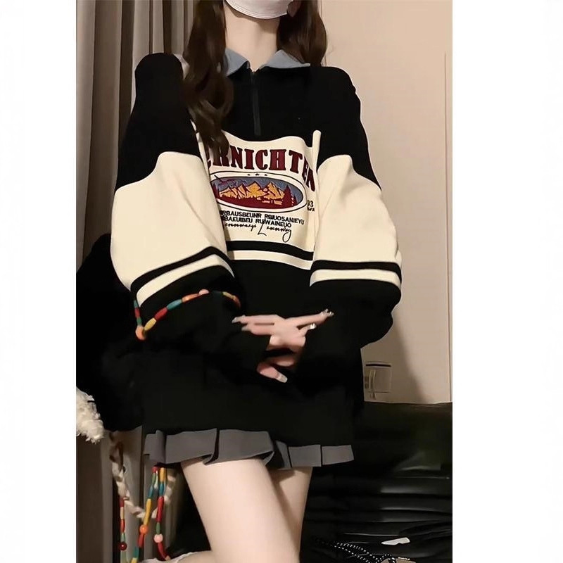 Plus Size 1.0-150kg American Polo Collar Contrasting Color Sweatshirt for Women Spring & Fall Loose Lazy Style Half Zipper Top Jacket Plus Size 1.0-150kg American Polo Collar Contrasting Color Sweatshirt for Women Spring & Fall Loose Lazy Style Half Zipper Top Jacket