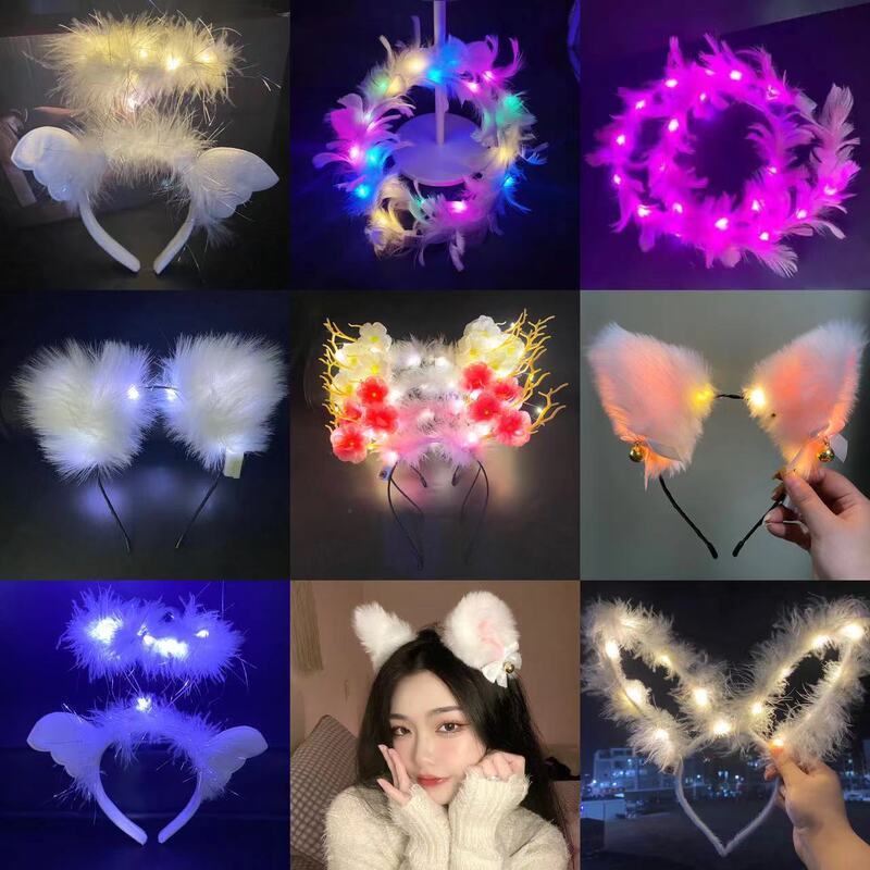 Luminous Hairband Shiny Feather Rabbit Ears Hairpin Plush Headband Stall Night Market Headwear Toy Ground Push Gift