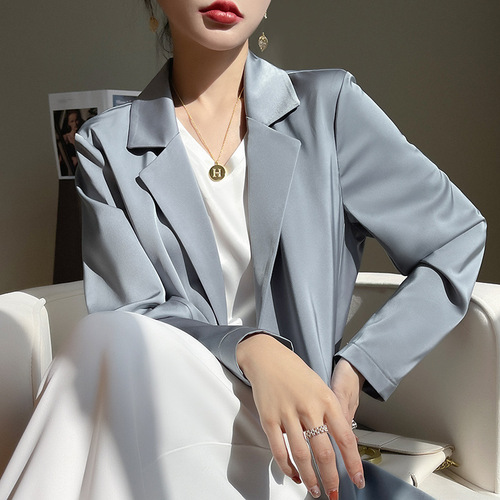 French-style white silk suit jacket for women, summer loose and thin one-button casual blazer top