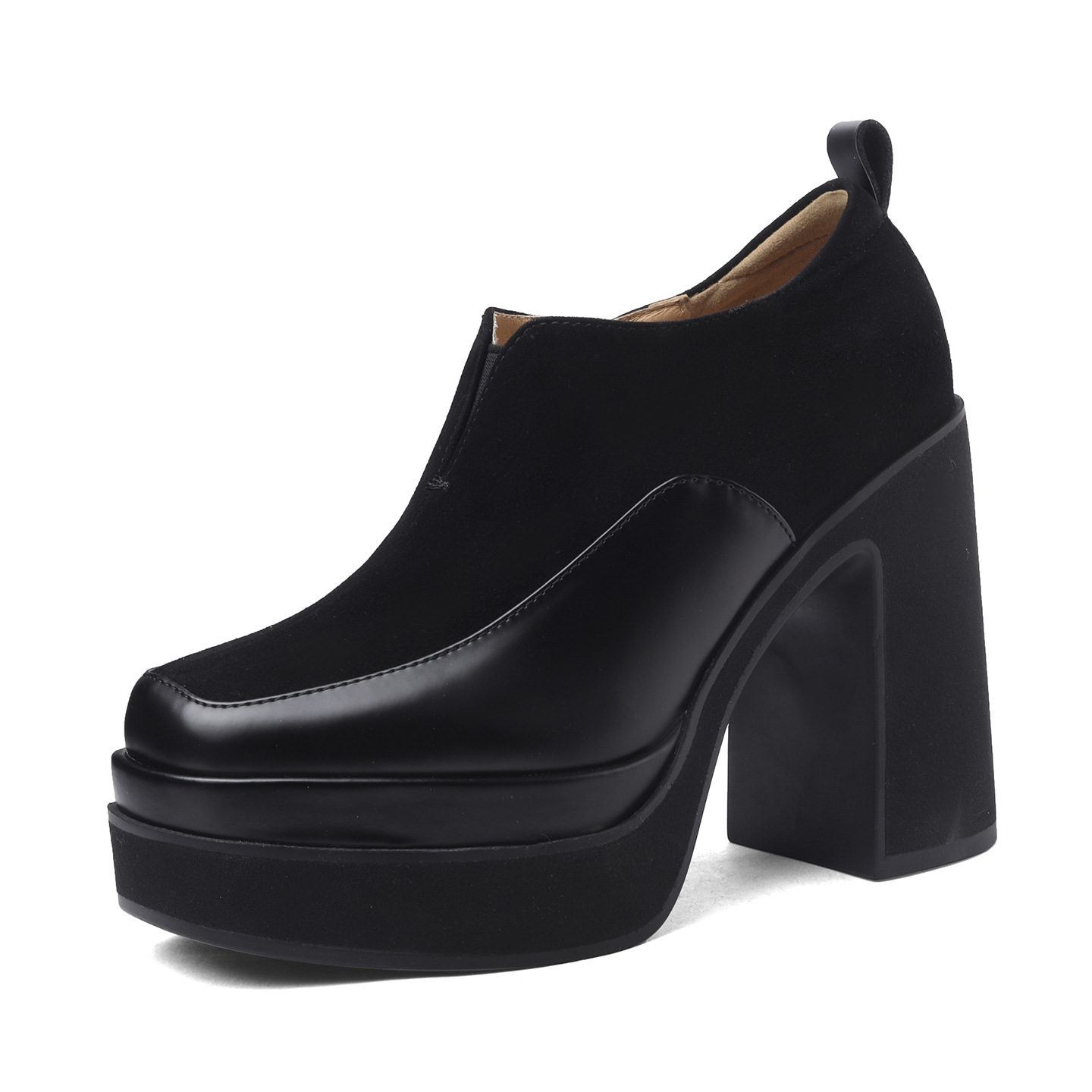 Giày cao gót nữ mũi vuông đế xuồng platform gót vuông 9 cm, phối màu tương phản, form dáng loafer — màu nâu, màu đen