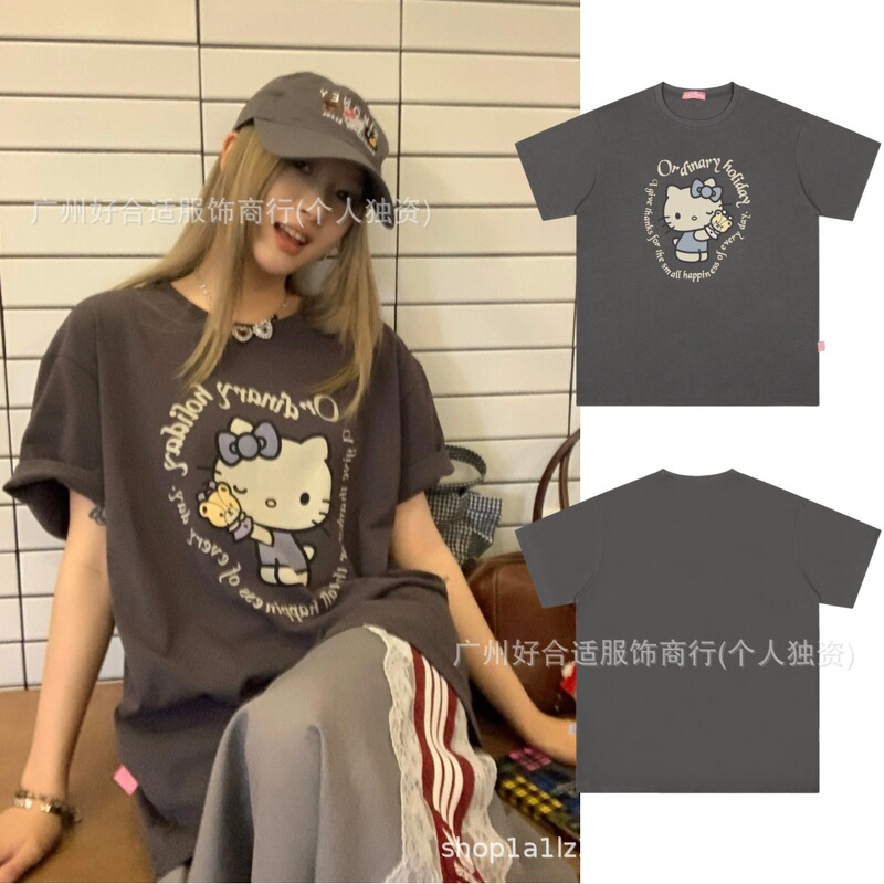Kim Ji-Soo's Same Style Ordinary Holiday Retro Distressed Hollekitty Cartoon Print Short-Sleeved T-Shirt