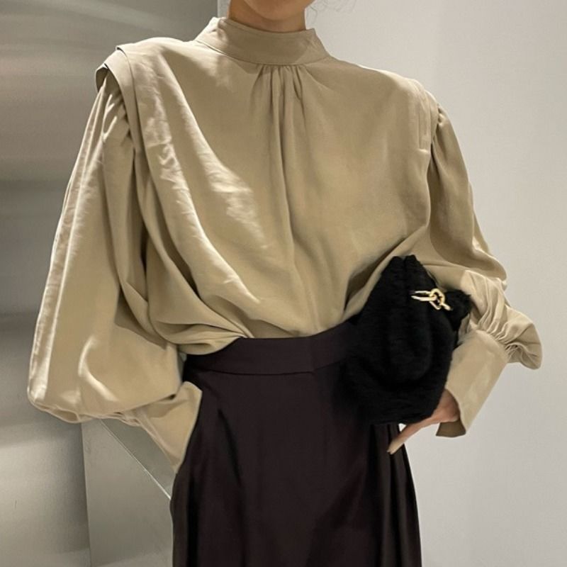 Korean Chic2026 Autumn French-Style Half-High Collar Shirt with Back Button Design and Fashionable Lantern Sleeves for Women Korean Chic2026 Autumn French-Style Half-High Collar Shirt with Back Button Design and Fashionable Lantern Sleeves for Women
