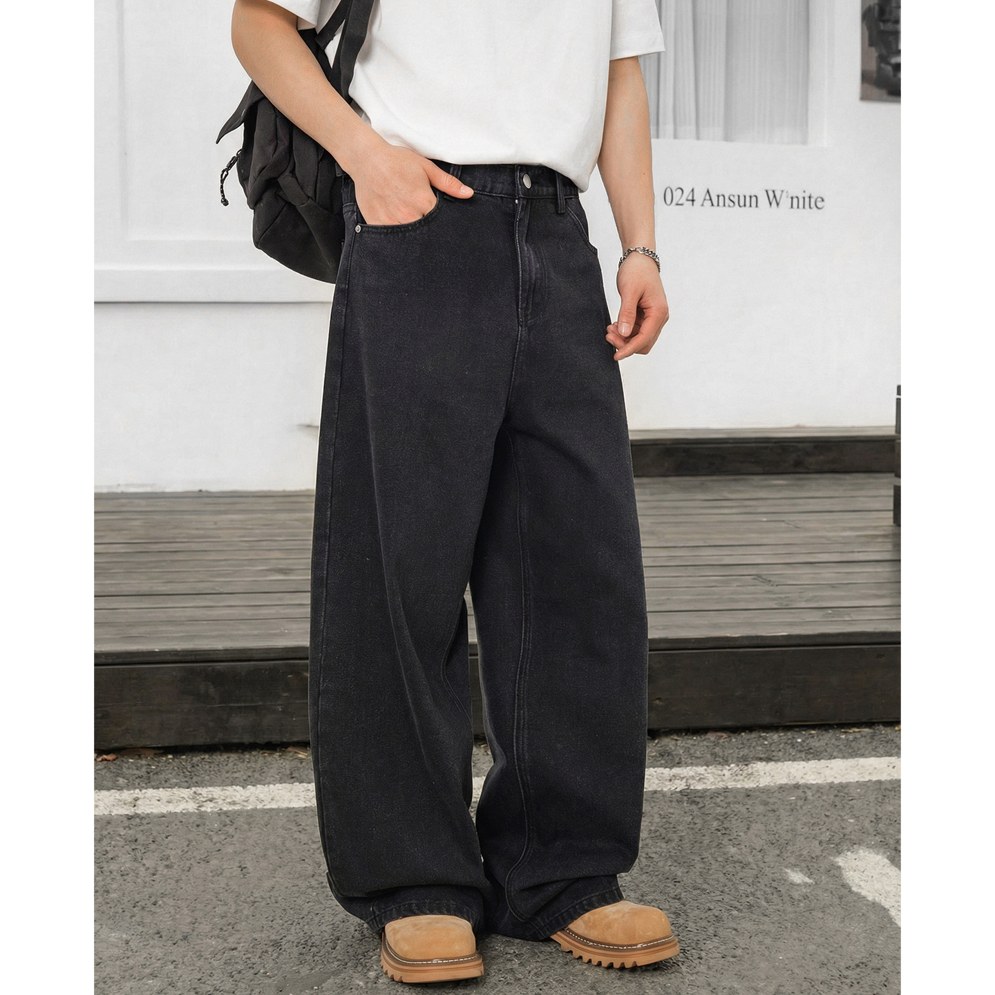 Vintage Washed Black Denim Jeans For Men - Relaxed Fit Straight Leg Casual Trousers With High Street Style_mkmklike.com
