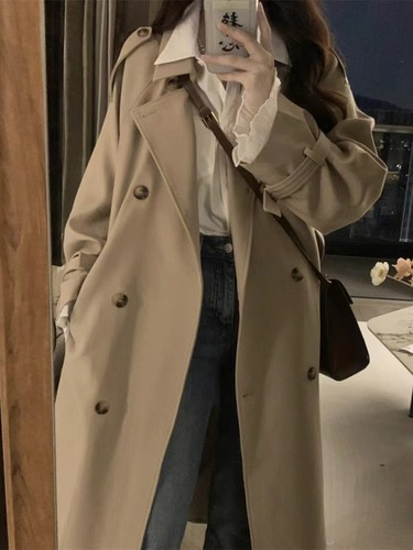 Khaki trench coat for women petite spring and autumn new Korean style British style slim temperament long coat