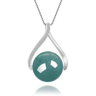 Natural A goods jade blue water round bead pendant glutinous jade S925 silver inlay fashion simple women's jewelry