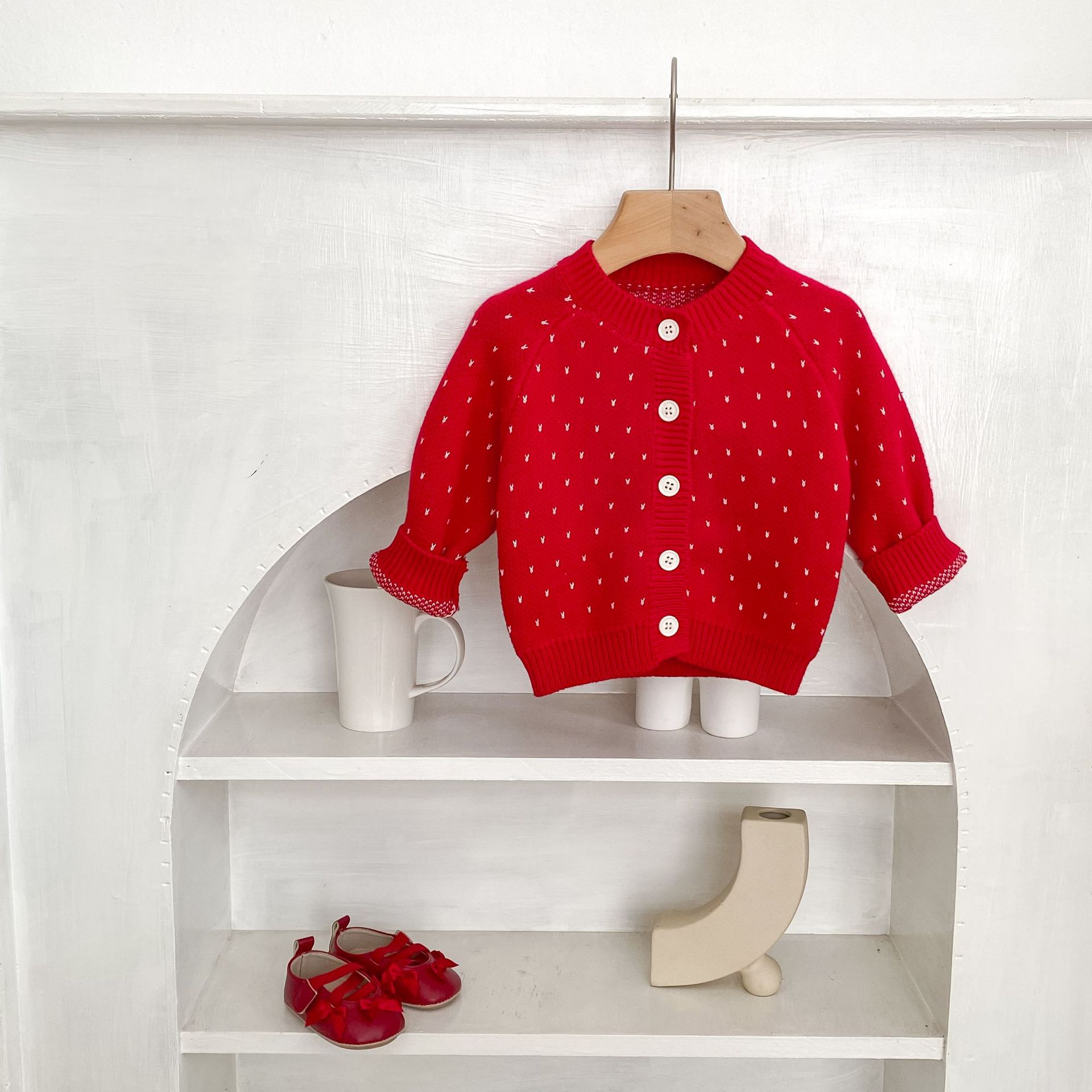 Autumn Children's Fashionable Sweet Baby Girl's Jacquard Red Knitted Coat Cardigan