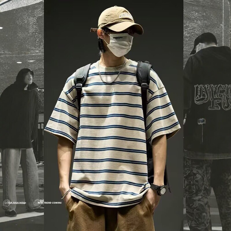 2026 Summer New Men's Striped Short-Sleeve T-Shirt, Loose Round Neck, Trendy Casual Versatile Top, Loose Five-Quarter Sleeves 2026 Summer New Men's Striped Short-Sleeve T-Shirt, Loose Round Neck, Trendy Casual Versatile Top, Loose Five-Quarter Sleeves