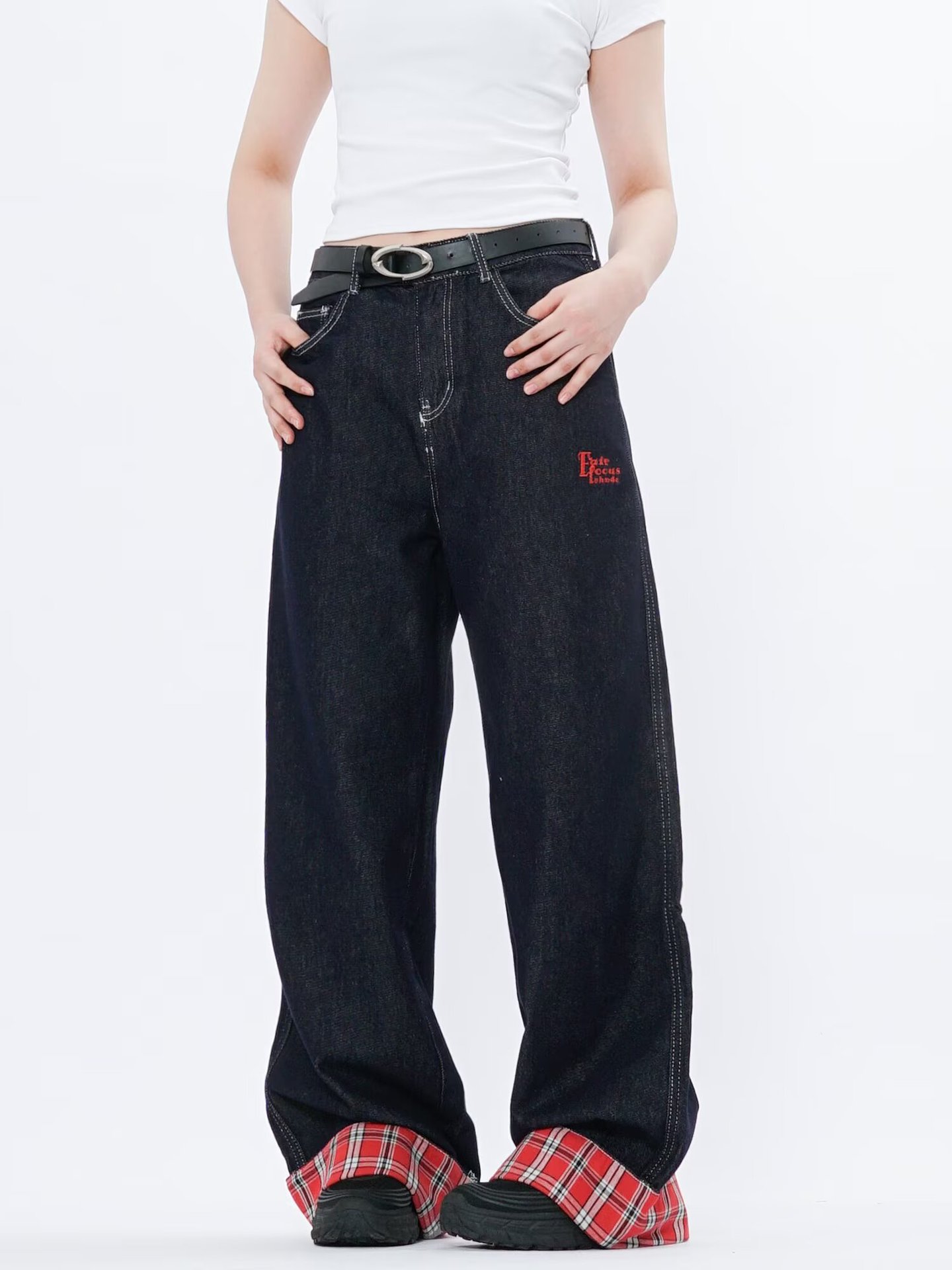 American Style Straight-Leg Rolled Hem Jeans Men Women, Spring And Autumn New Loose Patchwork Plaid Blue Pants For Men,_mkmklike.com