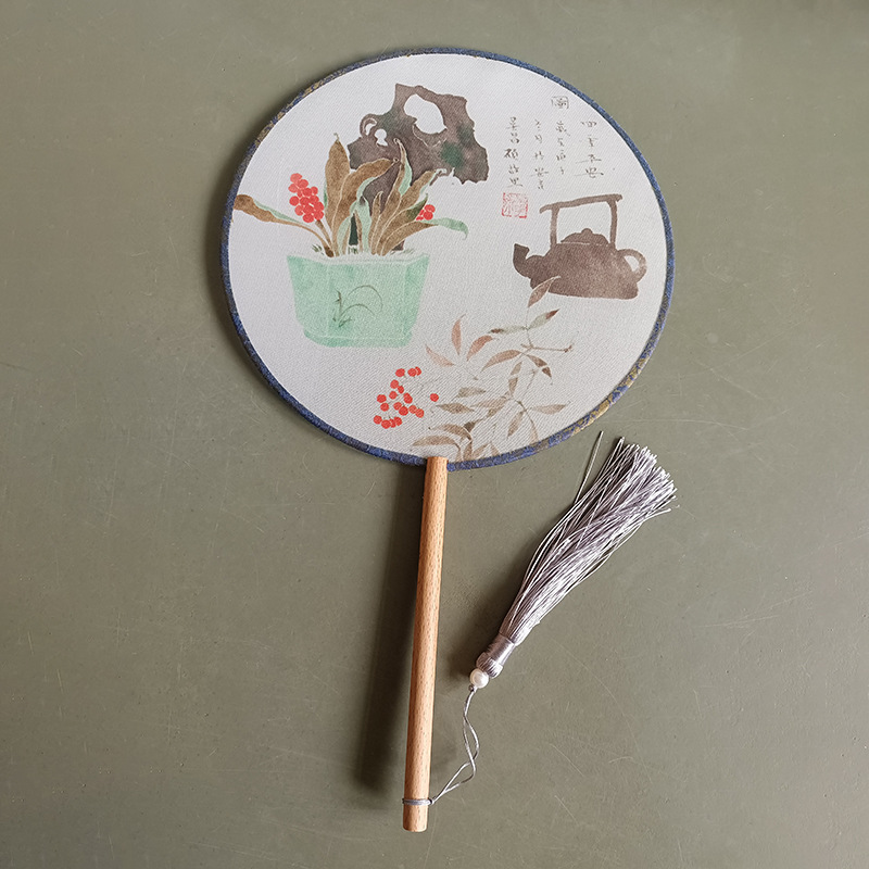 Ventilador redondo de estilo antiguo ventilador de doble cara de mango largo danza ventilador publicitario traje antiguo Hanfu cheongsam ventilador redondo de estilo chino ventilador de palacio al por mayor