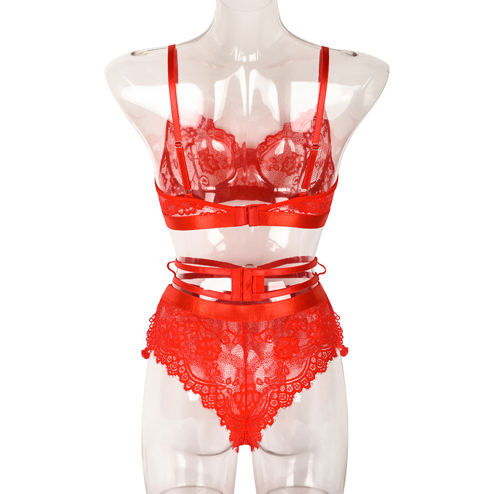 Boudoir Elegance: Three-Piece Red Lace Lingerie Ensemble