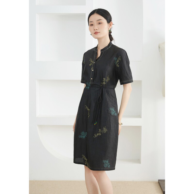 Luxurious Old Turtle Pattern Silk Fragrant Cloud Yarn Embroider V Neck Mid-Length Skirt 100% Mulberry Silk Short-Sleeved Dress