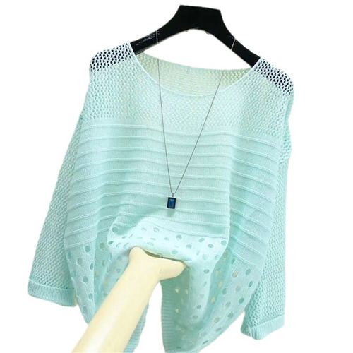 Spring and Autumn Round Collar Slim Fit Medium-Sleeve Lace Knit Tunic Top for Women, Hoodless, Thin, Loose, Versatile, Simple, Covering Shirt