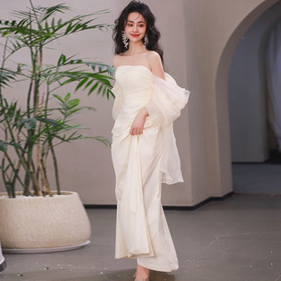 Strapless Light Wedding Dress Bride Simple Long French Satin Outgoing Yarn Super Fairy Mori Style Morning Robe Dress Welcome Wedding Dress