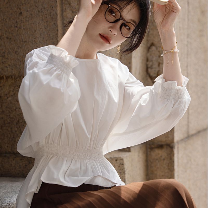 新品感圆领法式时尚宽松显瘦遮肚子长袖棉衬衫女洋气春夏上衣|undefined