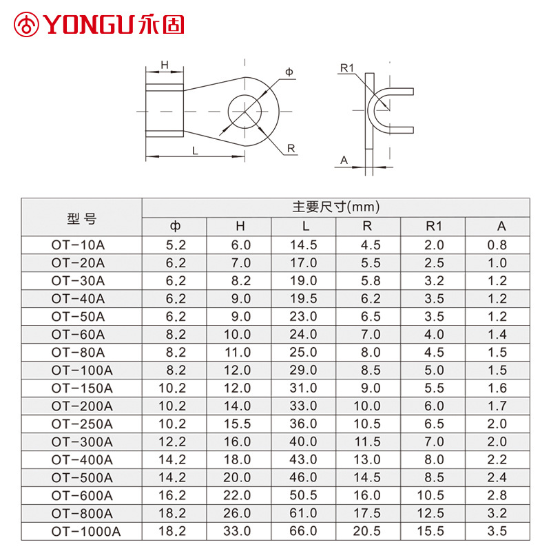 开口鼻OT-10a30a40a300a250a800a铜鼻子压线鼻子接线端子线耳永固