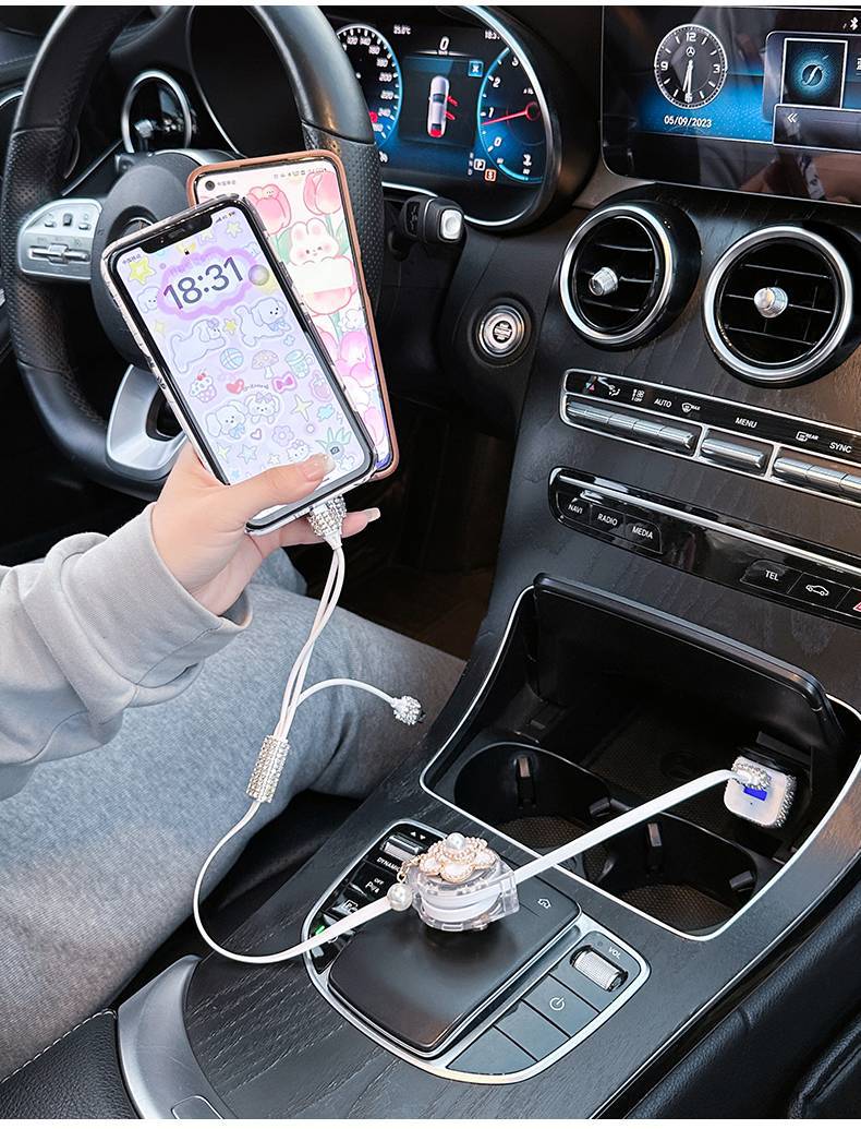 Car Charger Fast Charging Cigarette Lighter Light Luxury Car One to Three Multi-Function Telescopic Three-In-One Mobile Phone Data Cable