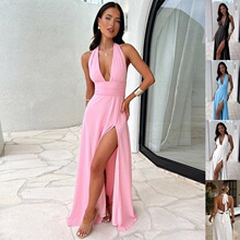G 69900 Standing Collar V Neck Slit Long Dress �Ҳ���ɫ����