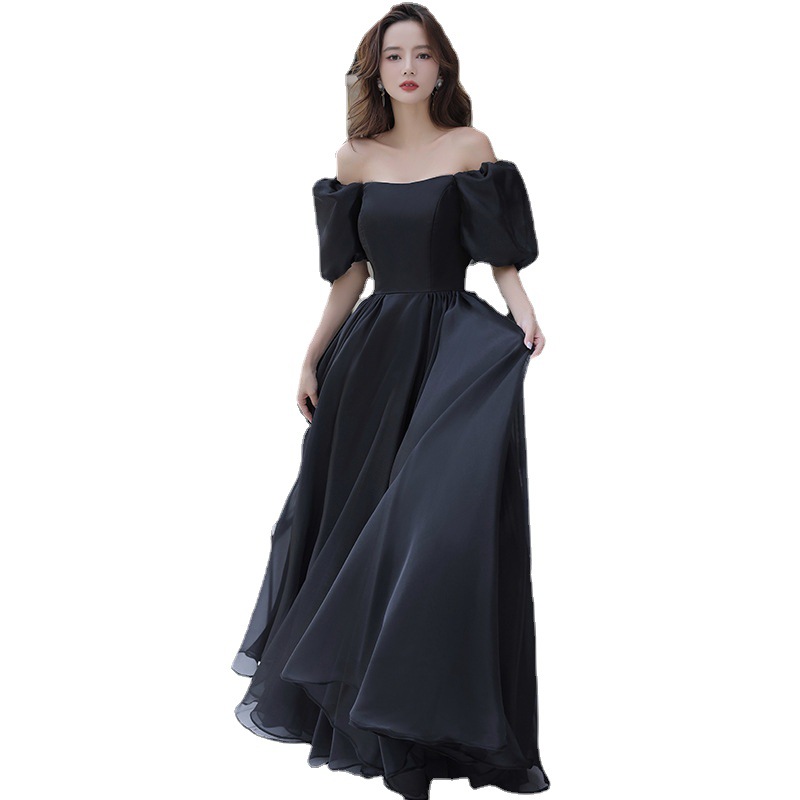 Vestido de noche negro para mujer, estilo nuevo de otoño 2025, manga abullonada, satén, para anfitriona de reunión anual, pasarela