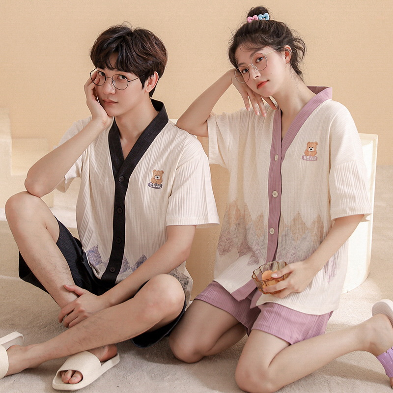 2024 verano pareja pijama de algodón cardigan de manga corta suelta ropa de casa de tamaño grande para hombres y mujeres juegos de camiso