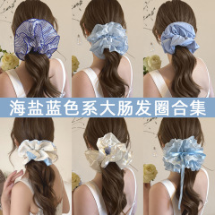 海塩ブルー系大腸ヘアリング女性団子髪束髪ひも低馬尾髪ひもレトロ気質皮筋髪飾り