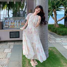 独特绝美粉色碎花薄纱连衣裙女夏2026新款超好看气质收腰长裙及踝