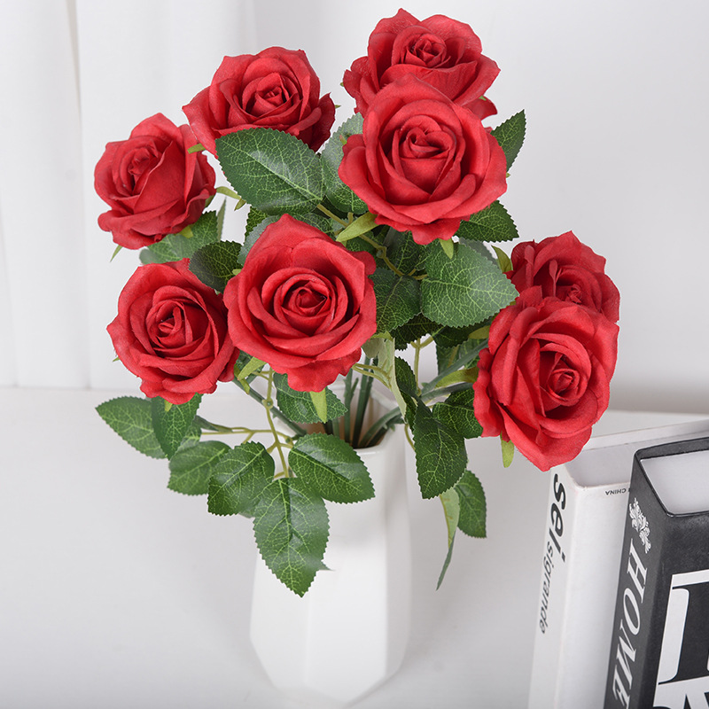 9-cabeza Rosa flor artificial ramo hogar Decoración de la boda Rosa artificial pequeña venta al por mayor de París