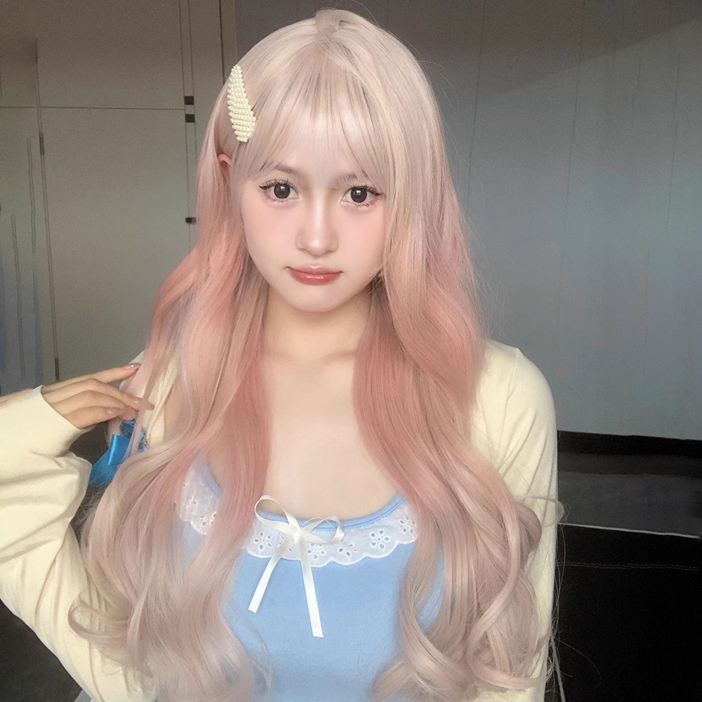 Cheng Ming Wig Women's Peach Gradient Pink Water Corrugated Internet Celebrity Simulation Big Wave Long Curly Hair Summer Fashion Full Head Cover