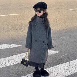 韩系穿搭童装女童仿双面羊绒大衣秋冬洋气长款女孩时髦高级灰时尚