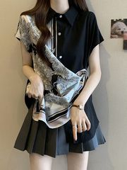 女性のための不規則な半袖シャツ 2025 夏の新しい大きいサイズのハイエンドトップユニークでシックなステッチ韓国シャツ