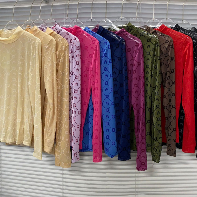 European Station Niche Women's Marine * Mesh Women's Transparent Sexy Flocking Thin Half-high Collar Moon Base Shirt