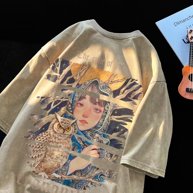 Camiseta de manga corta de algodón de la marca de moda de la calle alta estadounidense para hombres verano retro marea casual lavado viejo media manga guapo camiseta