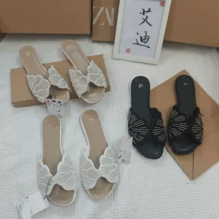 现货跨境za家平底女鞋水钻蝴蝶结绣珠一字拖时尚百搭欧美凉鞋批发