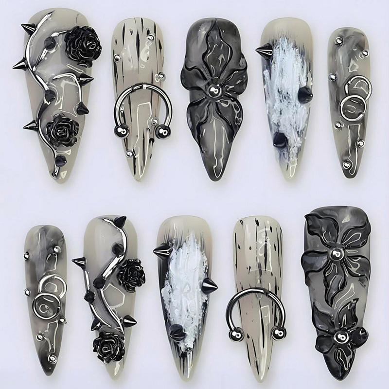Cross-Border Long Pointed Gothic Style Wearable Nail Pieces, Cool Dark Rose Steel Bead Nail Stickers, Wearable Nail Art Cross-Border Long Pointed Gothic Style Wearable Nail Pieces, Cool Dark Rose Steel Bead Nail Stickers, Wearable Nail Art