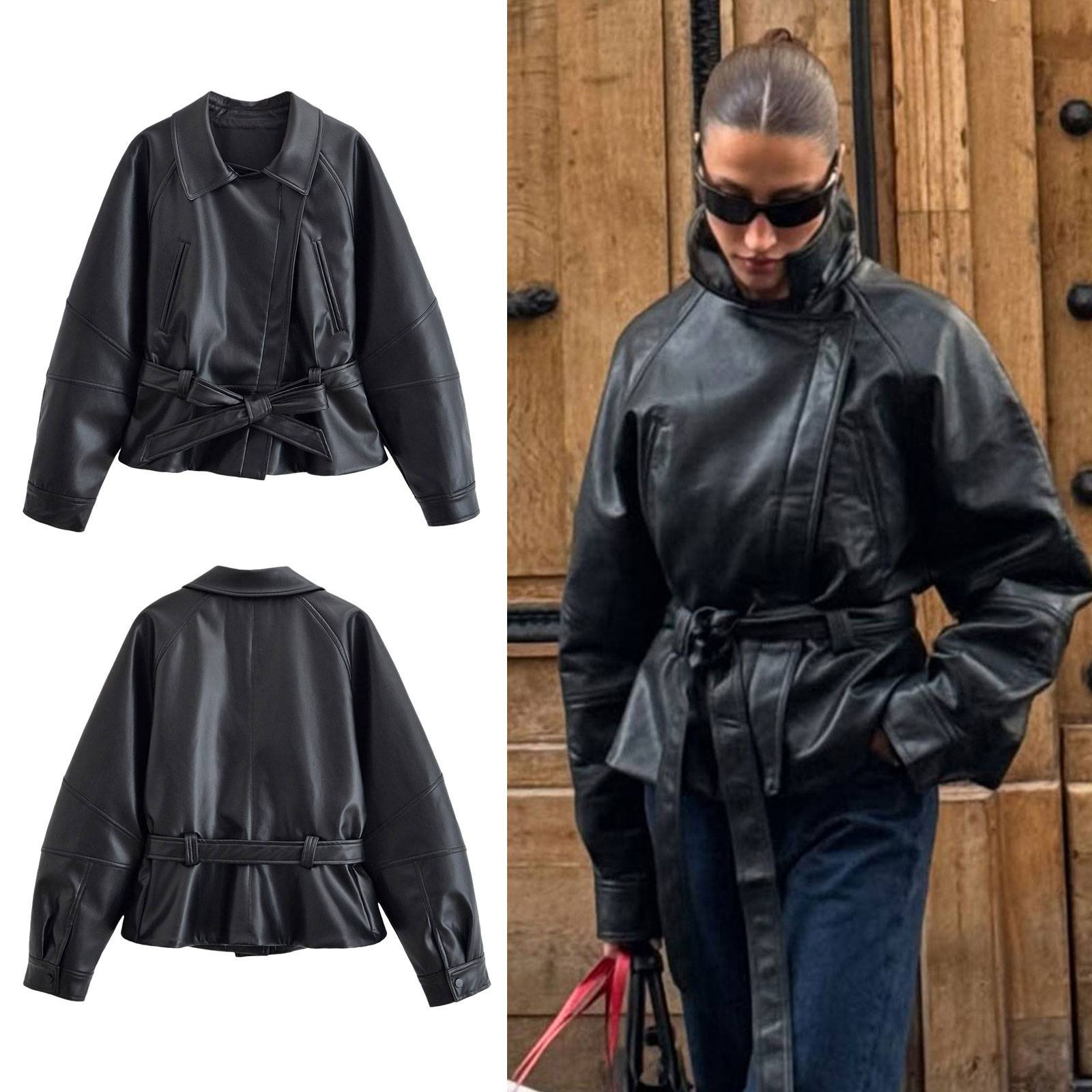Cross-Border European and American Style Autumn New Fashion Temperament Women's Wholesale Black Slimming Belt Short Leather Trench Coat