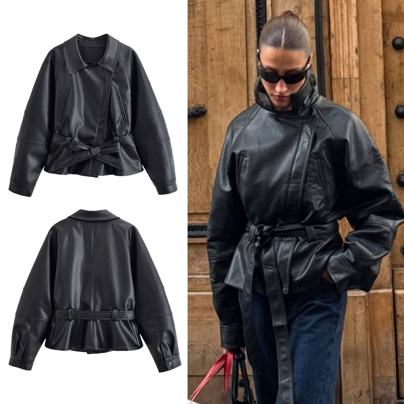 Cross-Border European and American Style Autumn New Women's Clothing Wholesale Black Slim-Fit Short Leather Trench Coat with Belt Black Leather Jacket