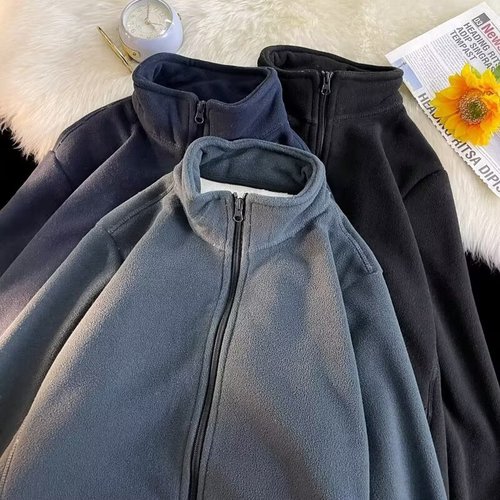 2025 Autumn New Plush American Style Men's Stand Collar Open Shirt with Added Fleece and Thick Warm Jacket