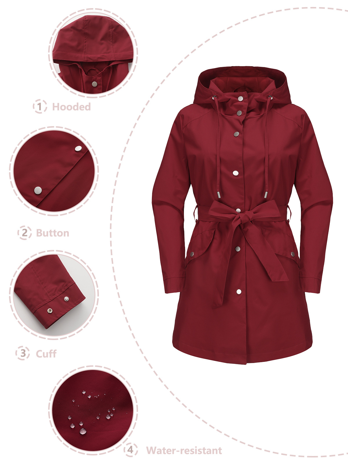 Women's Clothing Spring and Autumn Hooded Water Repellent Jacket with Belt Thin Casual Loose Windbreaker _voghion.com