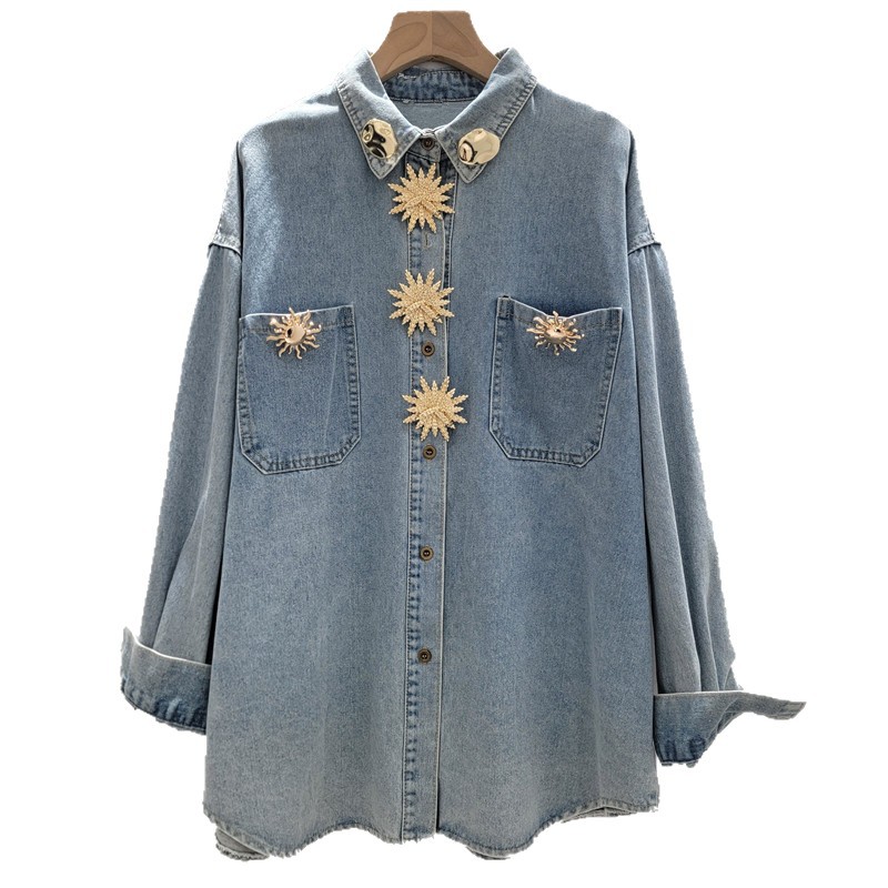 Botón de metal flor de moda camisa vaquerina 2026 primavera nueva camisa vaquerina de manga larga retro