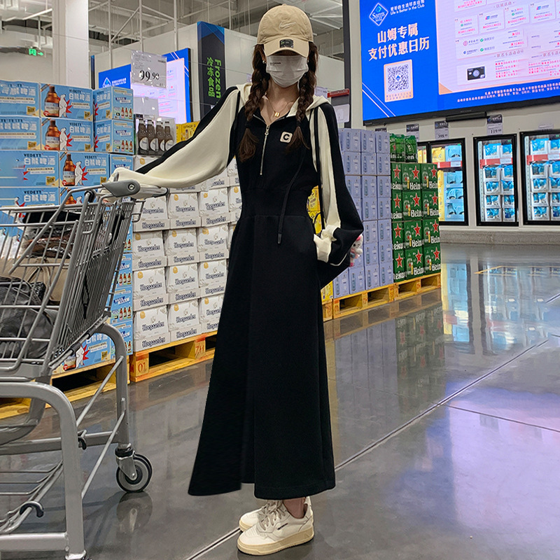 高级感气质收腰显瘦长袖连衣裙春季新款休闲百搭减龄撞色连帽长裙|undefined