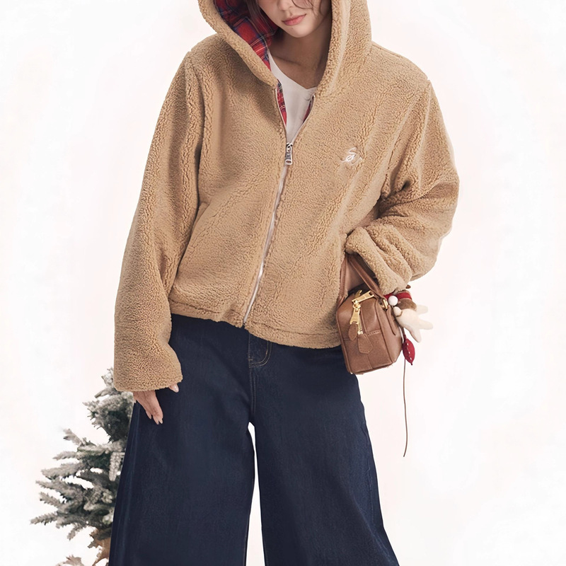 Hooded Bear Lamb Wool Sweatshirt Jacket for Women Autumn and Winter Loose Slimming Design Niche Tops for Women